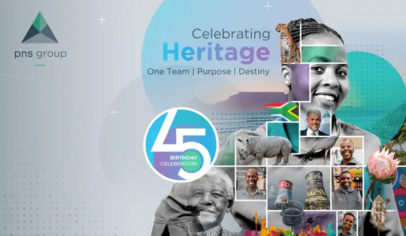 Promotional image of a woman overlaid with other ZA-themed images, the PnS logo, and text about celebrating Heritage day | PnS celebrates 45 years on Heritage Day | CA&S Group